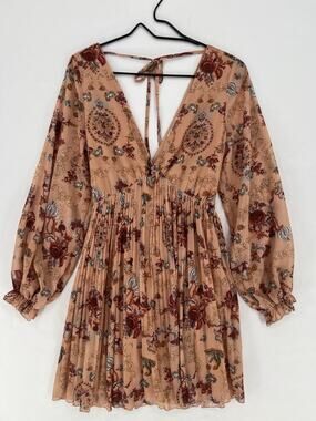 Bae Vely Floral Boho Mini Dress Small Peach Long Sleeve Tie Back Cottagecore